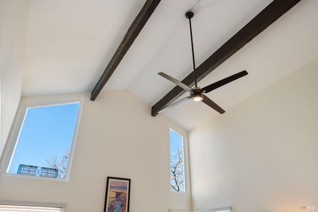 interior details featuring ceiling fan and beamed ceiling