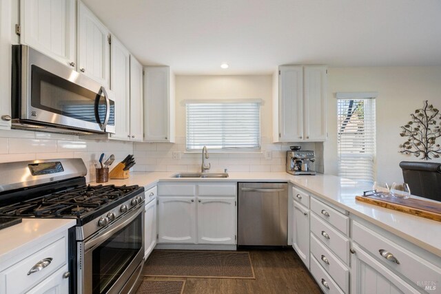 kitchen featuring backsplash, dark hardwood / wood-style floors, sink, stainless steel appliances, and white cabinets