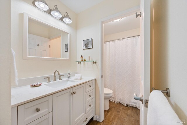 bathroom featuring toilet, hardwood / wood-style floors, and vanity