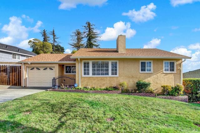 ranch-style home with a garage, concrete driveway, a chimney, and a front yard