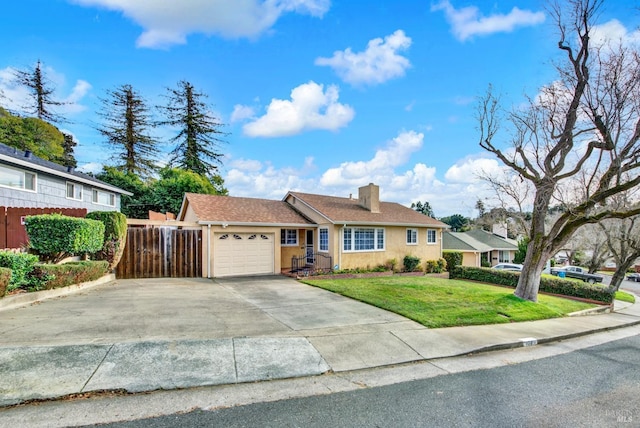 ranch-style home with driveway, an attached garage, fence, a front yard, and stucco siding