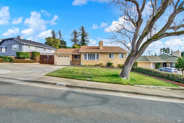 ranch-style house with a chimney, stucco siding, a garage, driveway, and a front lawn