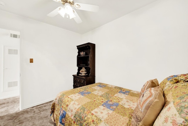 bedroom featuring carpet, visible vents, and ceiling fan