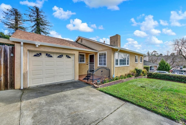 ranch-style home with a chimney, stucco siding, concrete driveway, an attached garage, and a front yard