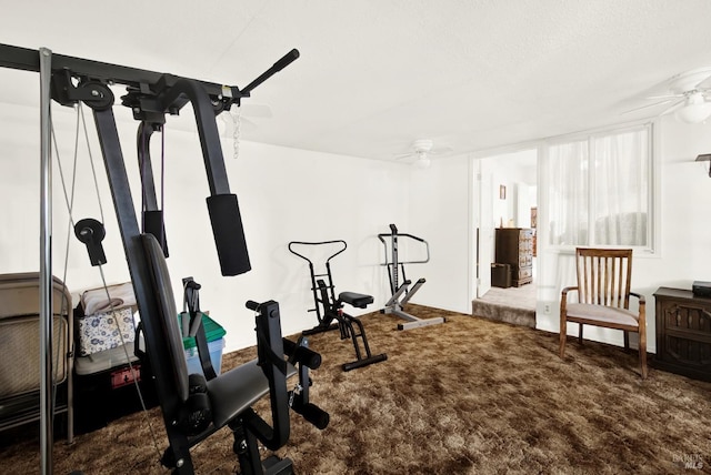 exercise area with dark colored carpet and a ceiling fan