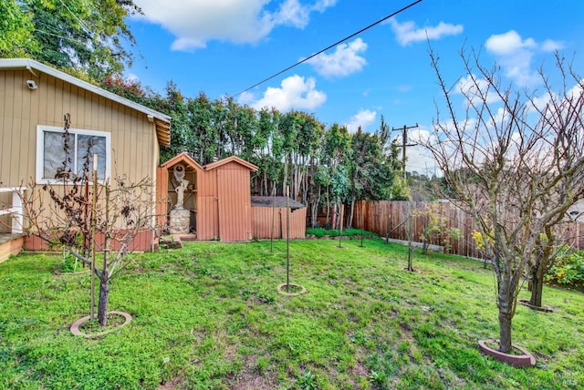 view of yard with an outbuilding, a fenced backyard, and a storage unit