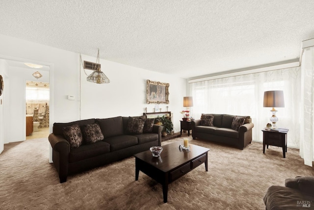 carpeted living area with a textured ceiling and visible vents