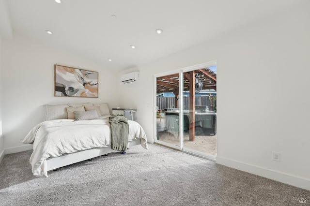 bedroom featuring carpet, access to outside, and a wall mounted air conditioner