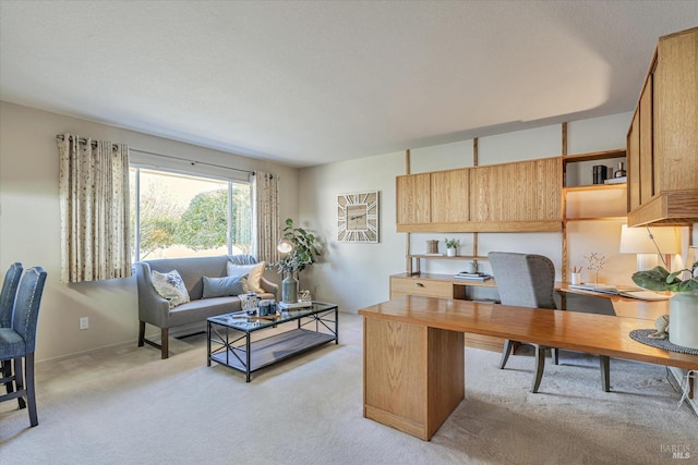 office space featuring baseboards and light carpet