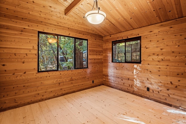 spare room featuring light hardwood / wood-style flooring, wooden ceiling, wood walls, and lofted ceiling with beams