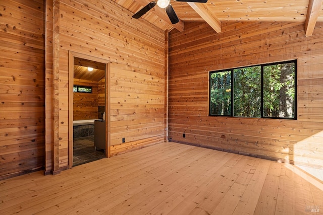 unfurnished room with wood-type flooring, wood walls, wooden ceiling, and vaulted ceiling with beams