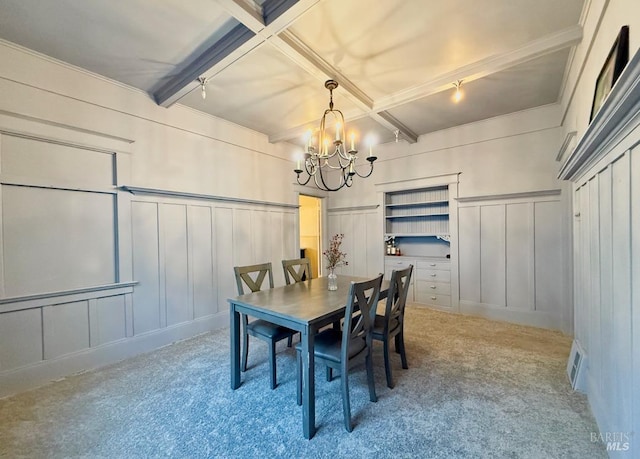 dining space featuring light carpet, a chandelier, beam ceiling, and coffered ceiling