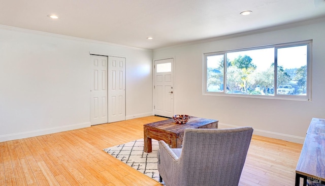 living area featuring light hardwood / wood-style floors and crown molding