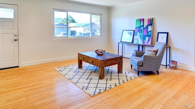 interior space featuring ornamental molding and light wood-type flooring