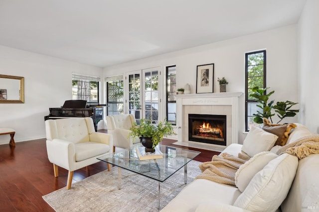 living room with dark hardwood / wood-style floors and a fireplace