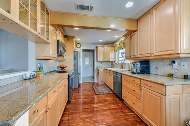 kitchen with visible vents, dark wood-style floors, glass insert cabinets, stainless steel appliances, and a sink