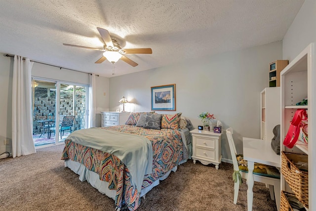 carpeted bedroom with access to outside, ceiling fan, and a textured ceiling