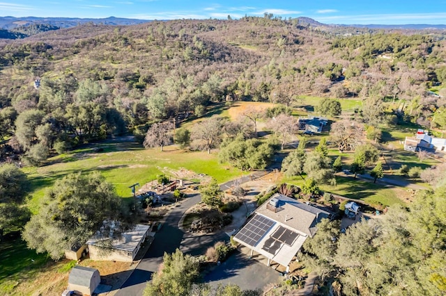 birds eye view of property with a forest view and a mountain view