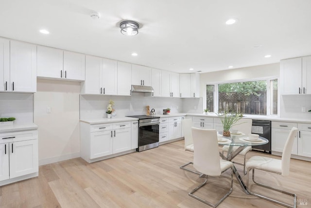 kitchen featuring white cabinets, decorative backsplash, electric range, and light hardwood / wood-style floors