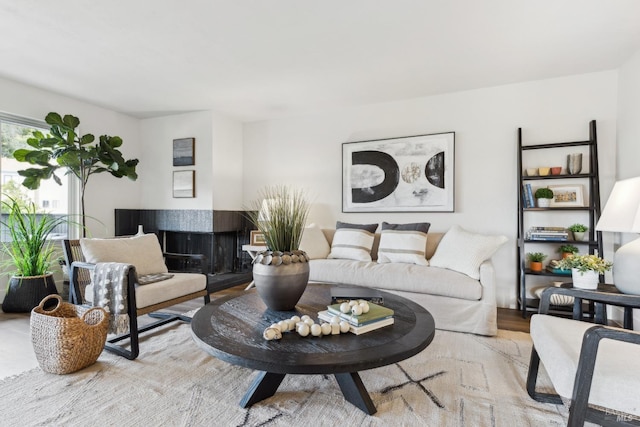 living room featuring light hardwood / wood-style flooring and a multi sided fireplace