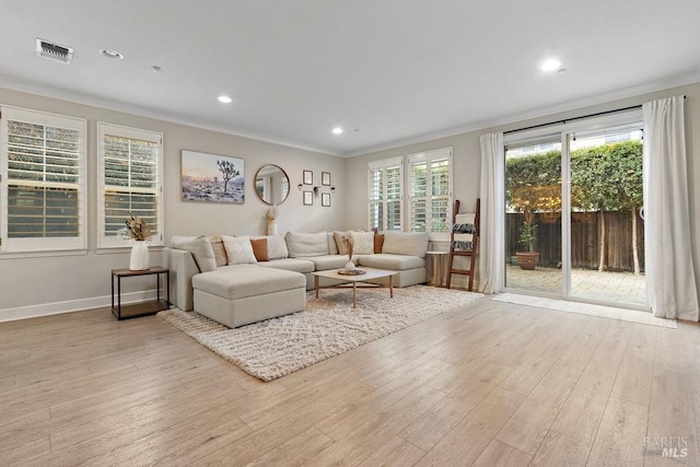 living room featuring light wood-type flooring and crown molding