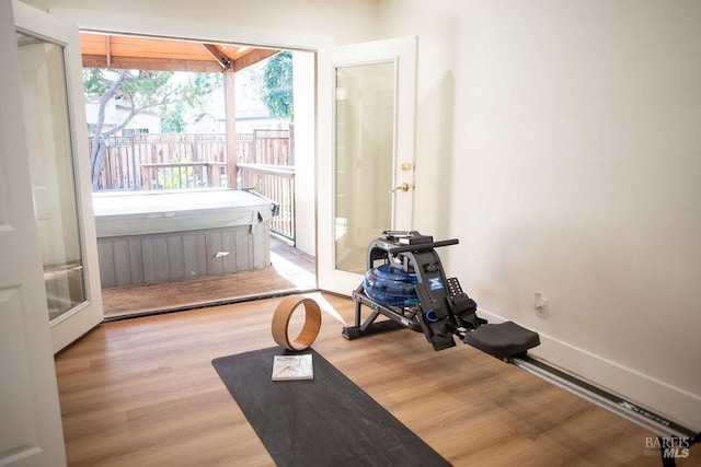 workout room featuring wood finished floors