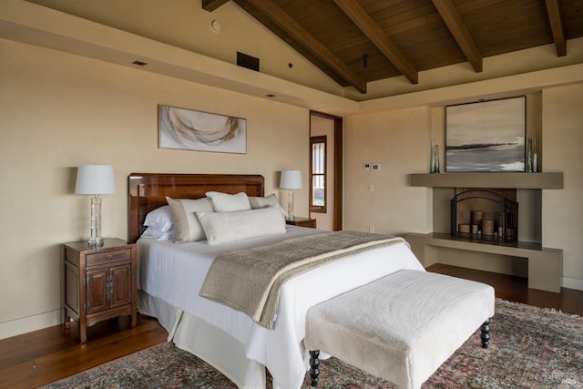 bedroom featuring wood ceiling, high vaulted ceiling, beamed ceiling, and dark hardwood / wood-style floors