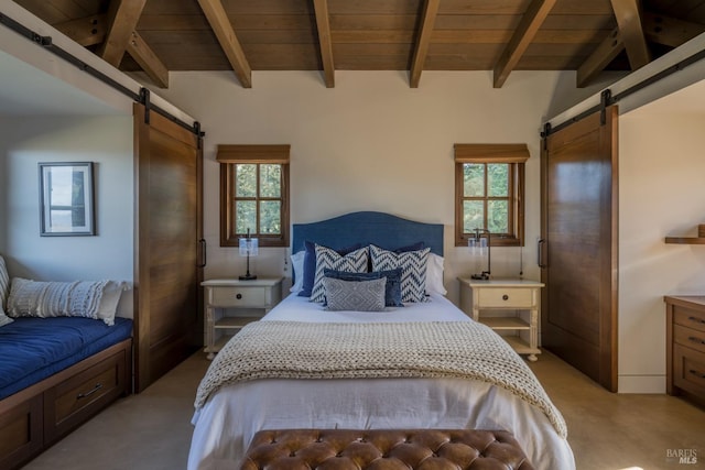 bedroom featuring wood ceiling, multiple windows, and a barn door