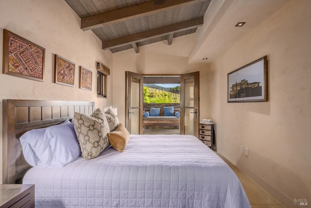 bedroom featuring wood ceiling, lofted ceiling with beams, and baseboards