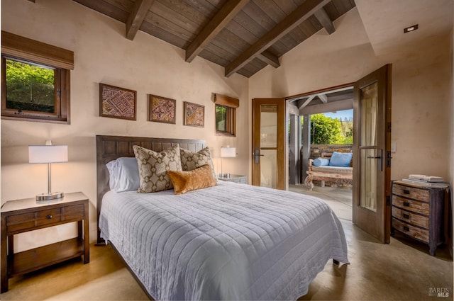 bedroom with high vaulted ceiling, beam ceiling, wood ceiling, and access to outside