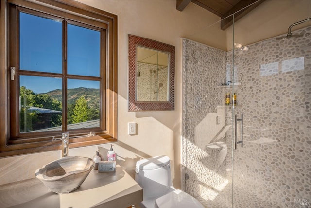 bathroom with beamed ceiling, sink, a mountain view, and a shower with shower door