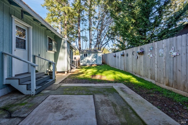 view of yard featuring a patio and a storage unit