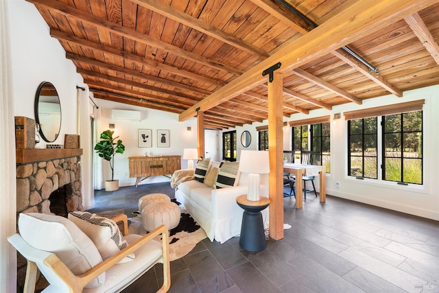 living room with a stone fireplace, a wall mounted AC, wooden ceiling, and vaulted ceiling with beams