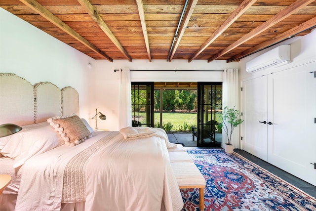 bedroom featuring beamed ceiling, wooden ceiling, access to outside, and a wall mounted air conditioner