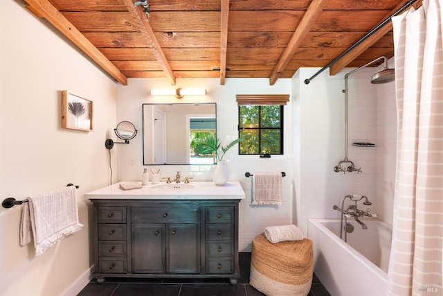 bathroom with wooden ceiling, beamed ceiling, tile patterned flooring, shower / bath combination with curtain, and vanity