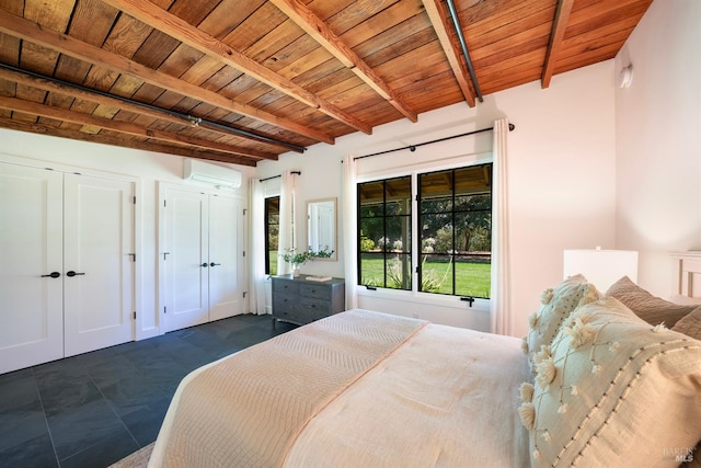 bedroom featuring beamed ceiling, a wall mounted AC, and wooden ceiling