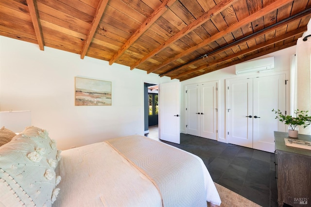 bedroom featuring an AC wall unit, lofted ceiling with beams, and wood ceiling