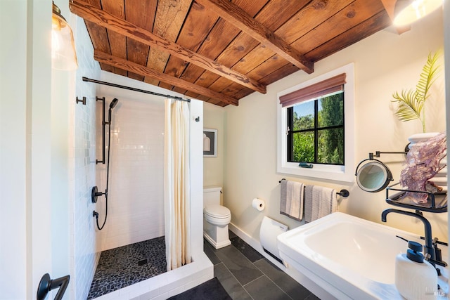 bathroom featuring beam ceiling, wood ceiling, walk in shower, and toilet