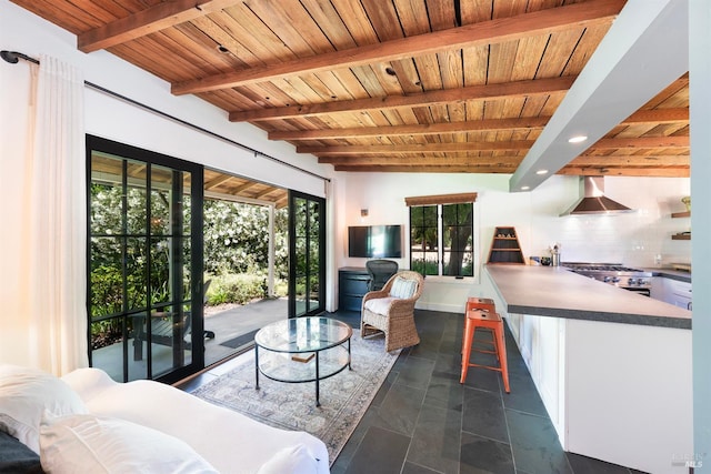 living room featuring lofted ceiling with beams and wooden ceiling