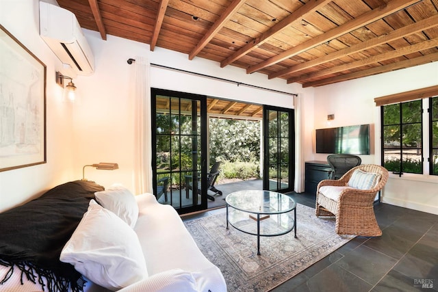 living room featuring a wall unit AC, wood ceiling, and beamed ceiling