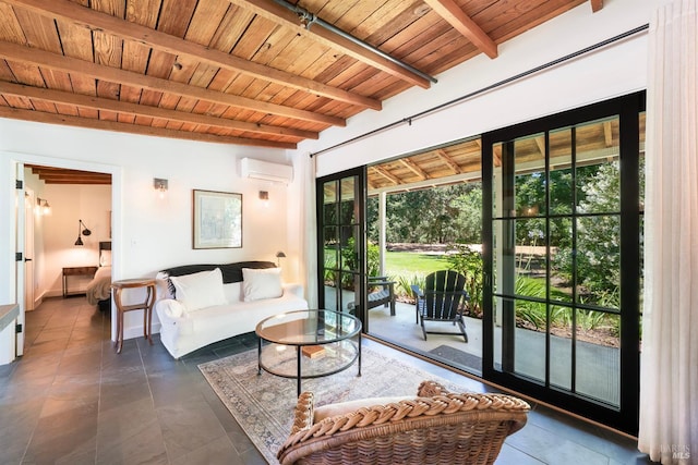 living room featuring beam ceiling, wooden ceiling, and an AC wall unit