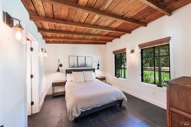 bedroom with wooden ceiling and beamed ceiling