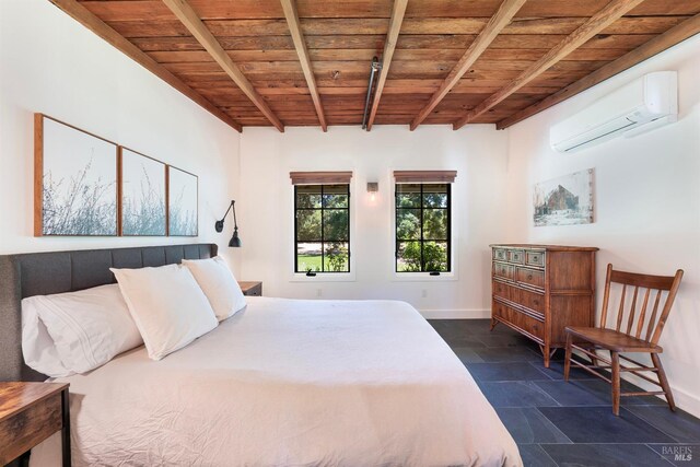 bedroom featuring beamed ceiling, a wall mounted AC, and wood ceiling