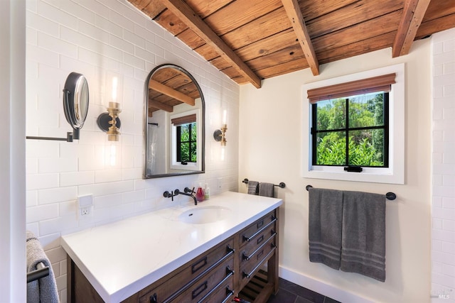 bathroom with vanity, wooden ceiling, and beamed ceiling