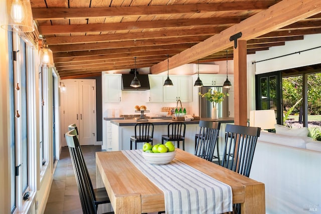 dining space with wooden ceiling and lofted ceiling with beams