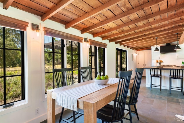 sunroom / solarium featuring lofted ceiling with beams and wood ceiling