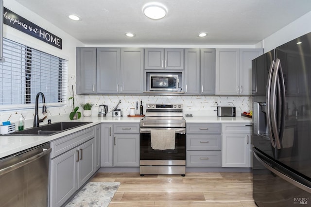 kitchen featuring appliances with stainless steel finishes, gray cabinets, decorative backsplash, and sink