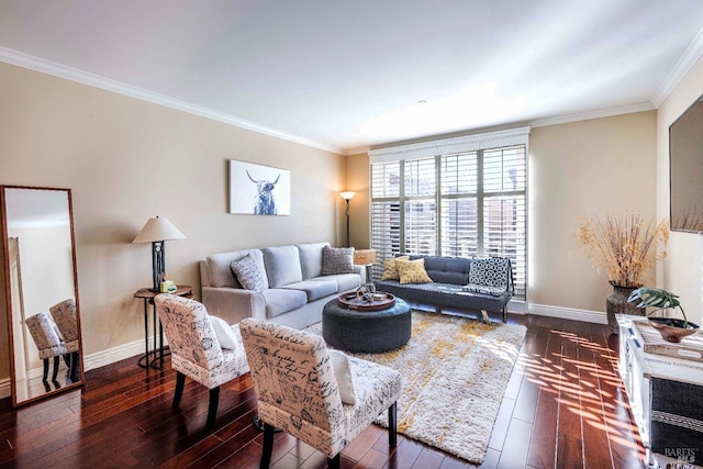 living room with dark hardwood / wood-style floors and crown molding