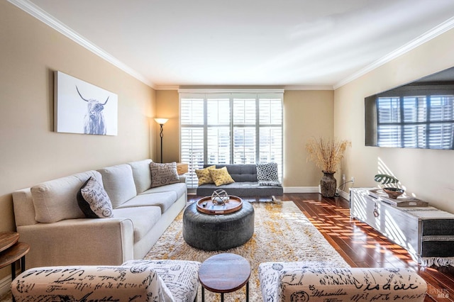 living room with dark parquet flooring and ornamental molding