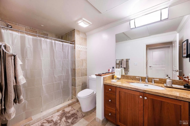 bathroom featuring toilet, vanity, walk in shower, and crown molding